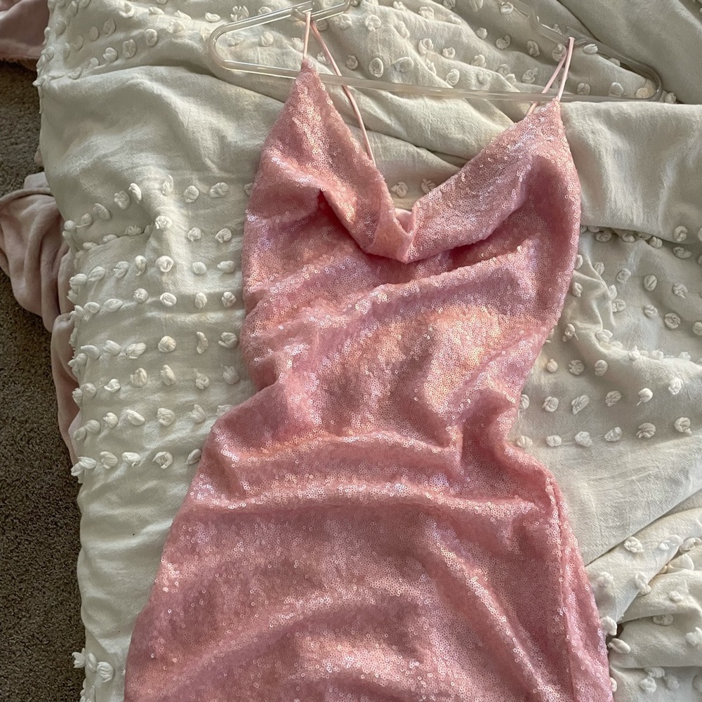 Selfie Leslie Miami Nights Cowl Neck Sequin Mini Dress in light pink